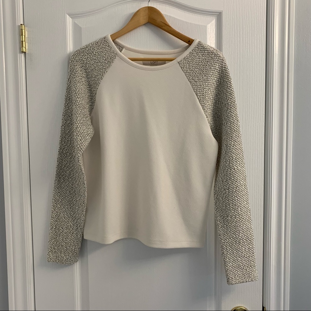 Loft White Sweater with Textured Sleeves. Size Small.